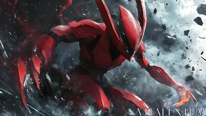 Scarlet mech warrior dives through storm of shattered debris