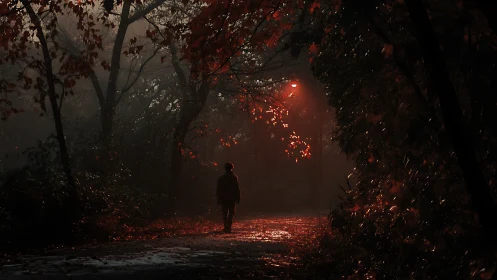 Solitary figure walking under red streetlight at night.