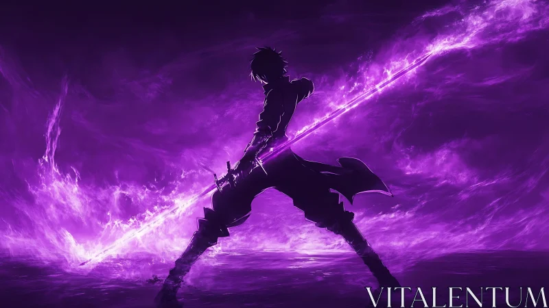 Silhouetted anime warrior channels violet plasma spear energy