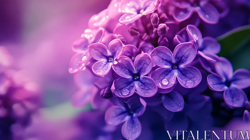 Purple lilac flowers with water droplets in soft focus botanical macro