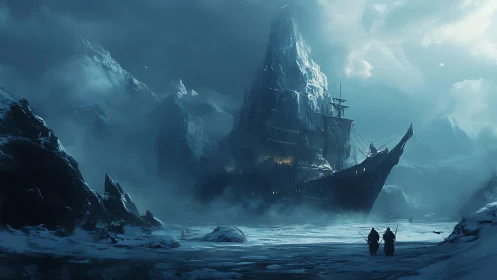 Frozen ghost ship looms beneath towering ice mountain