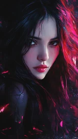 Moody cyberpunk heroine gazes through neon shadows softly