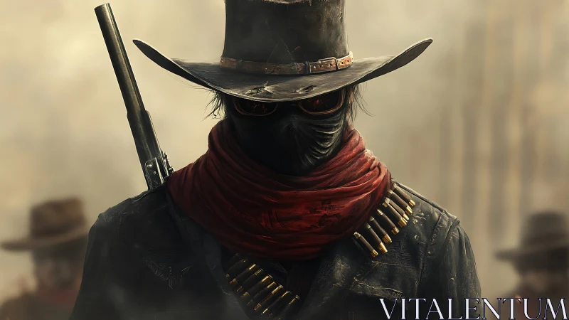 Masked gunslinger stalks the smoky frontier with ember eyes