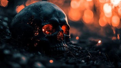 Ember lit skull resting in a twilight forest glow.