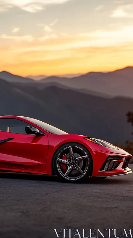 Red mid‑engine sports coupe at dusk on mountain overlook