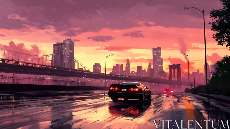 Sunset city drive along rain soaked bridge reflections.