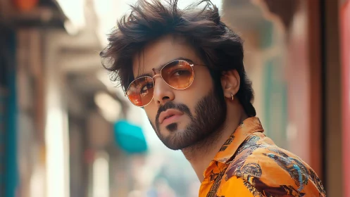 Stylish man with amber sunglasses in vibrant street portrait.
