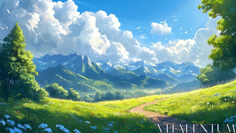 Sunlit mountain meadow unfolds beneath towering cloud banks