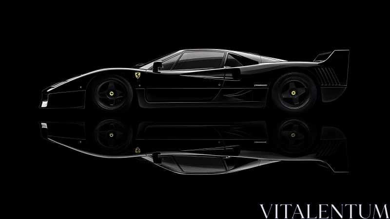 Black supercar side profile on glossy reflective surface.
