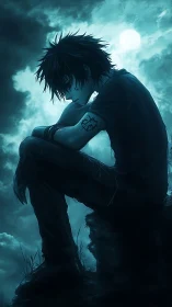 Moonlit brooding rebel boy wrapped in stormy cyan quietude.