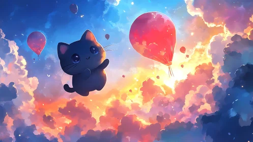 Sky-drifting kitten chases rose balloons through painted clouds