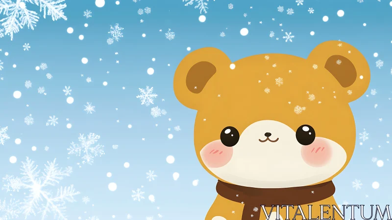Cartoon bear character is shown in snowfall scene