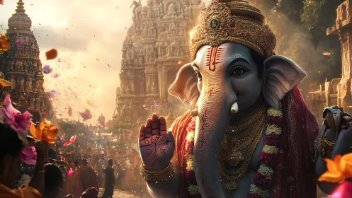 Majestic Ganesha blessing amid sunlit temple festival bloom.