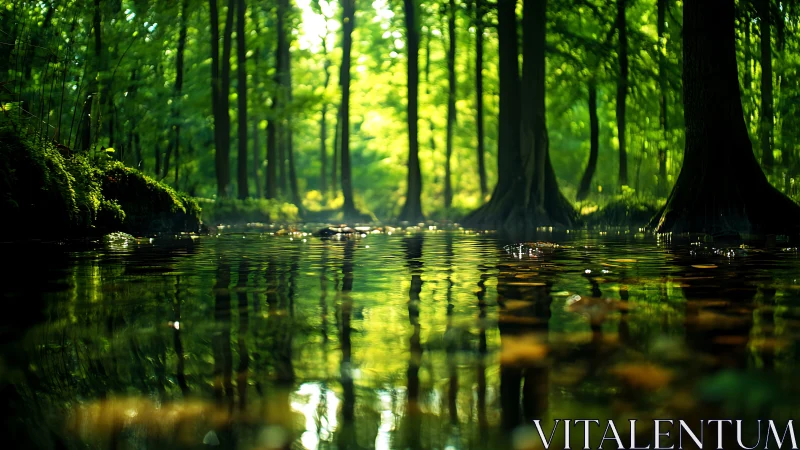 Sunlit Wetland Forest with Reflected Canopy.