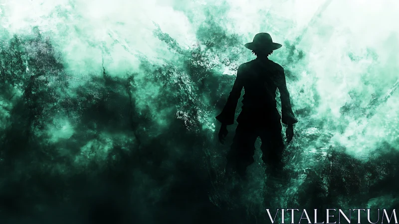 Silhouetted lone figure in green misty abstract haze.