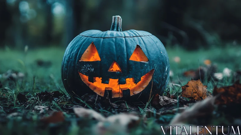 Carved jack-o’-lantern glows on grass in dim outdoor light