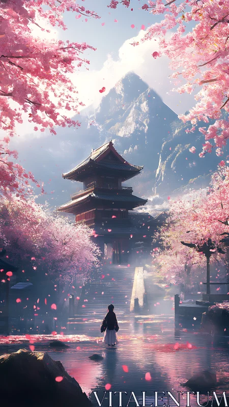 Vertical temple vista under sakura bloom and alpine haze.