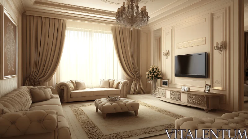 Luxurious beige living room with tufted sofas and TV wall.