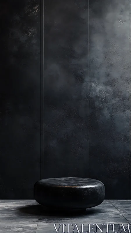 Black leather ottoman anchors moody minimalist interior scene.