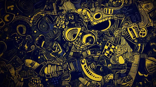Abstract yellow and blue doodle art with whimsical patterns.