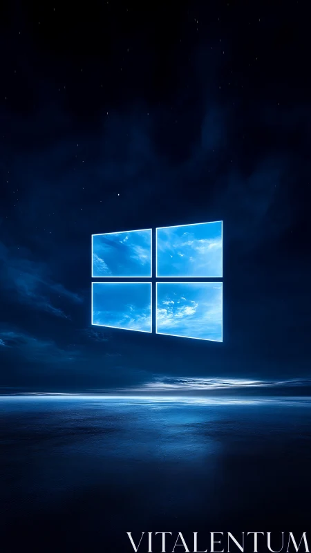 Glowing window emblem floats above reflective digital ocean horizon