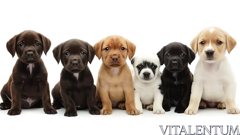 Row of storybook puppies lined up in soft studio light.