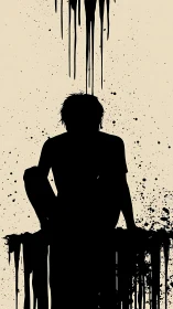 Ink-drowned silhouette waits beneath a storm of dripping thoughts