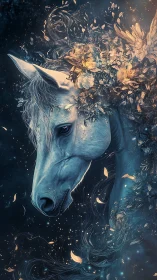 Equine portrait merges floral crown and luminous particles in motion