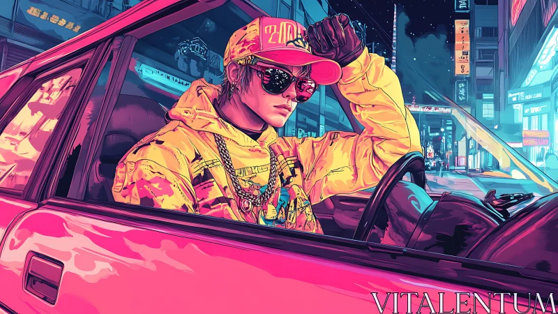 Neon-lit driver in stylized cyberpunk city with high chroma contrast