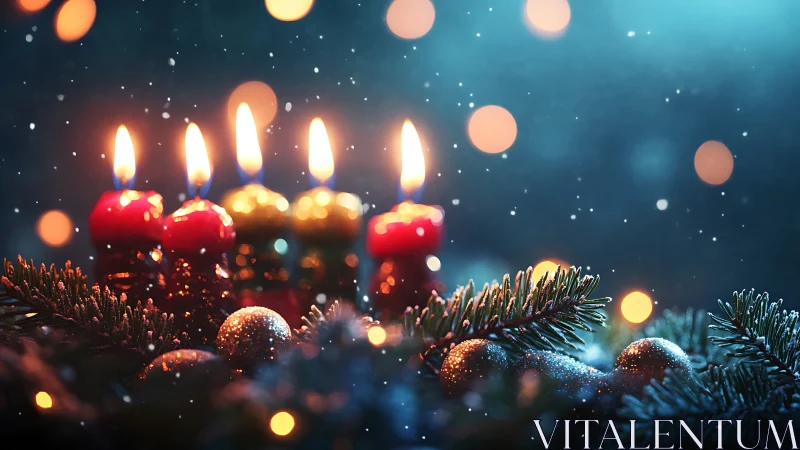 Soft candle glow over winter greenery and quiet sparks.