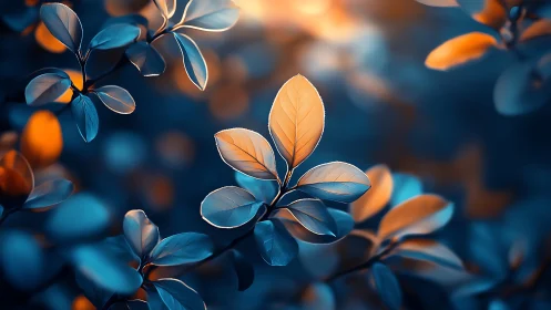 Vibrant close-up of leaves with dramatic blue-orange lighting.