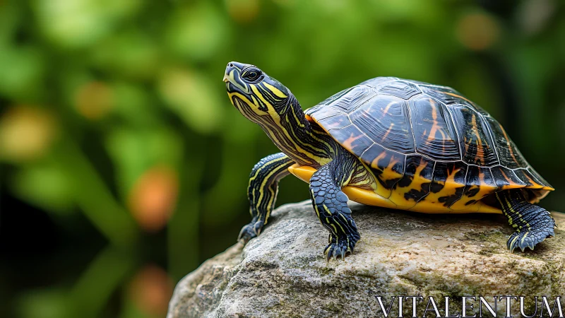 Turtle on sunlit rock with green blurred background.