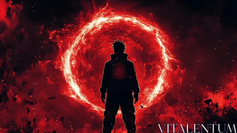 Silhouetted warrior faces incandescent red energy vortex