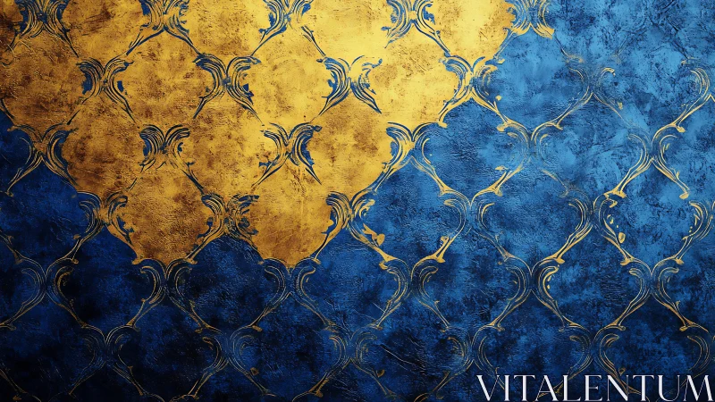 Blue and gold patterned surface with textured metallic lattice.
