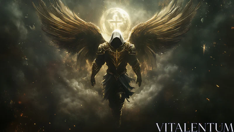 Winged hooded figure in armor before full moon backdrop.