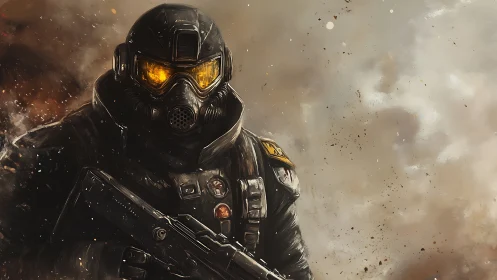 Armored trooper advances through burning battlefield haze.