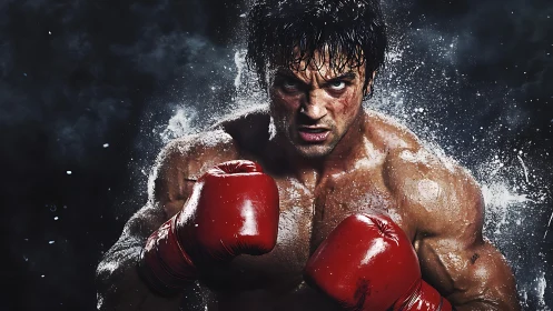 Boxer in Red Gloves Surrounded by Water Droplets