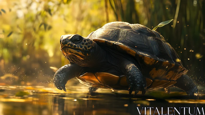 Golden light embraces a gentle turtle crossing a quiet pond