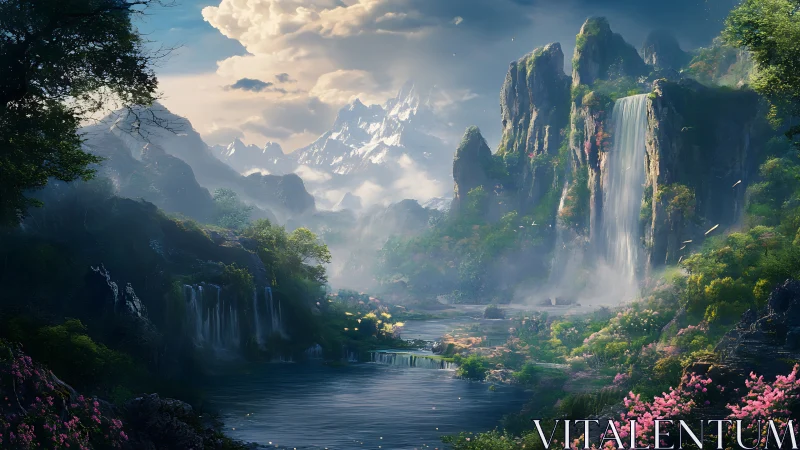 Sky-dusted waterfalls over a hidden emerald valley dream.