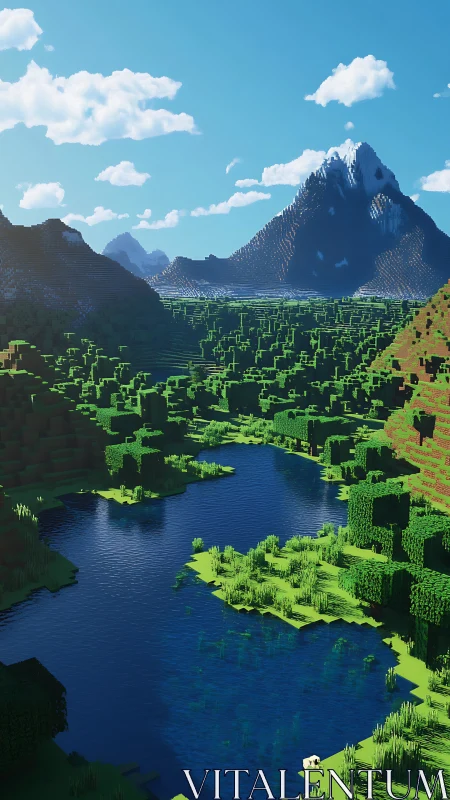 Voxel river valley under towering snowcapped mountain peaks.
