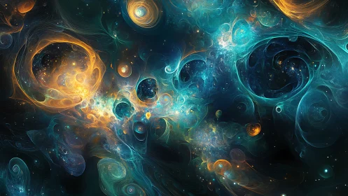 Cosmic nebula fractal spheres in luminous teal and amber space.
