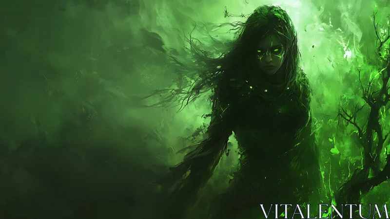 Green cloaked figure with glowing eyes in abstract forest.