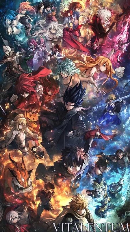 Dynamic multi-character elemental anime battle composition