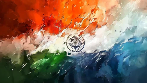 Textured tricolour abstraction integrates Ashoka Chakra geometry