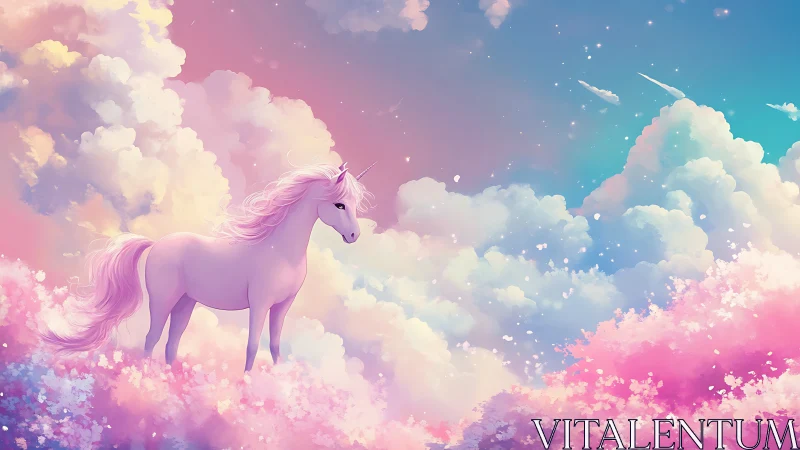 Gentle unicorn wanders through dreamy pastel cloud gardens