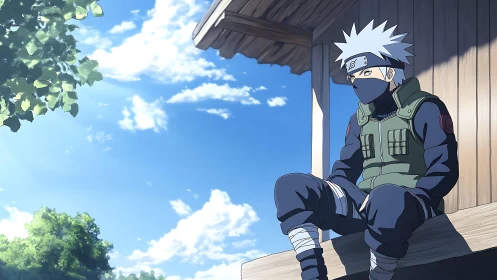 Masked anime warrior rests on sunlit wooden veranda