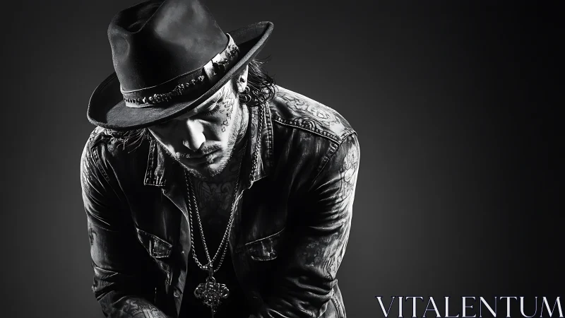 Monochrome portrait of tattooed man in leather and fedora.
