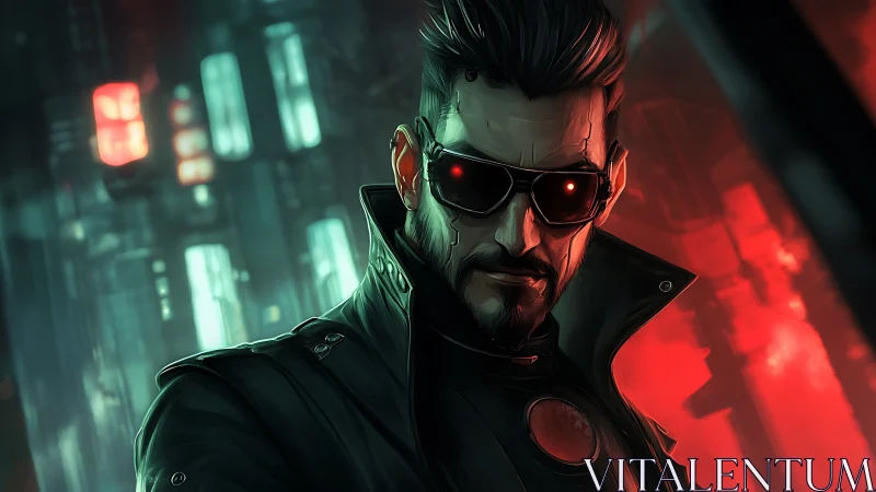 Cybernetic enforcer glares through neon haze in dystopian alley