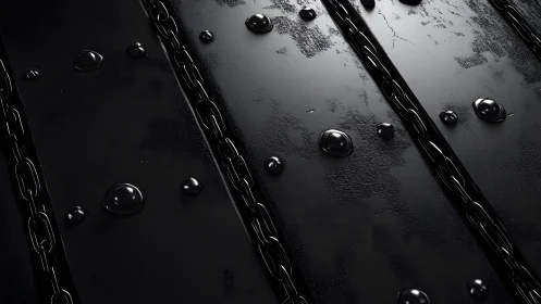 Glossy black metal surface with water droplets and chains, modern.
