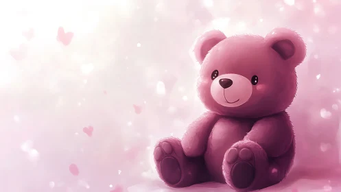 Pink teddy bear illustration on soft blurred background.